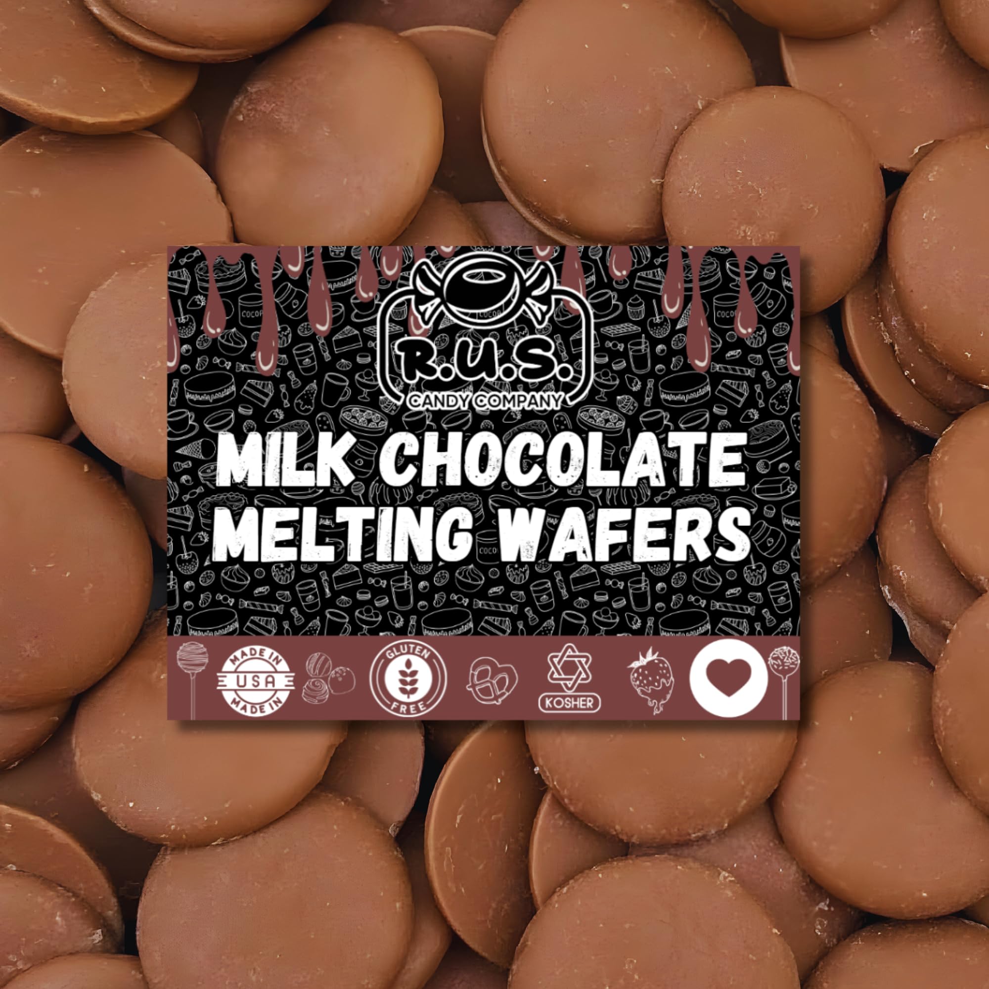 R.U.S. Candy milk chocolate wafers in a 1 lb bag ready for dipping and coating.