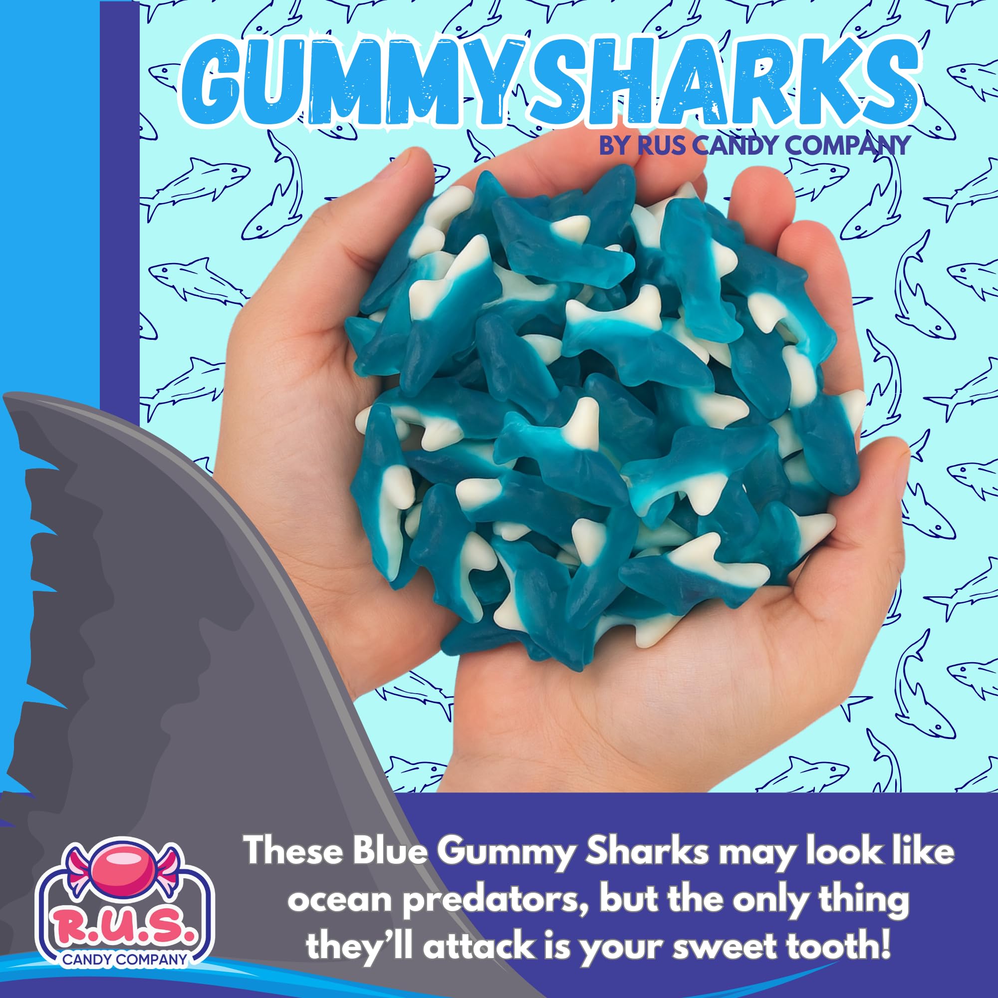Ocean-themed snacks setup with blue shark gummies for a festive table.