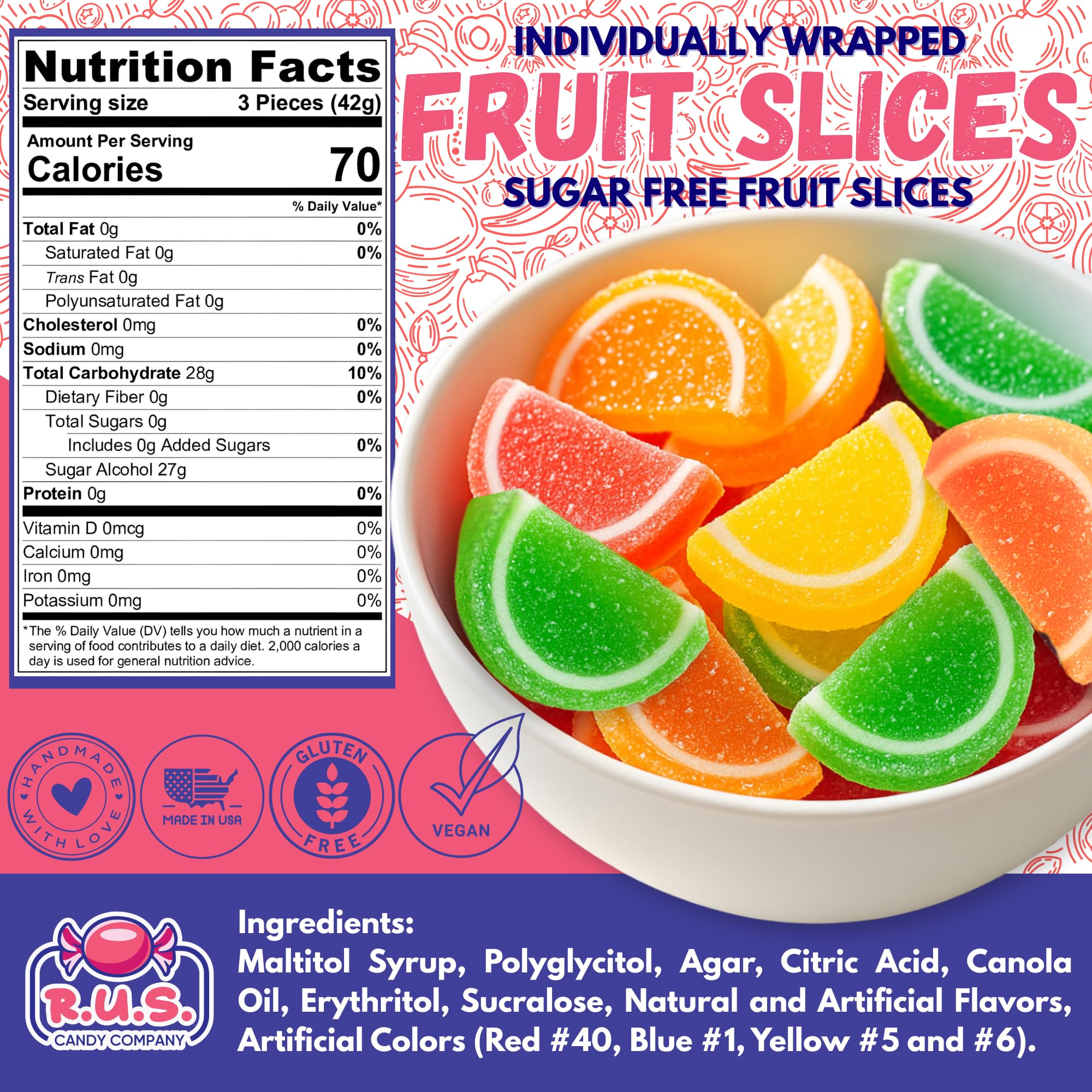 R.U.S. Candy sugar-free fruit slices bag back highlights ingredients and sugar-free sweetness