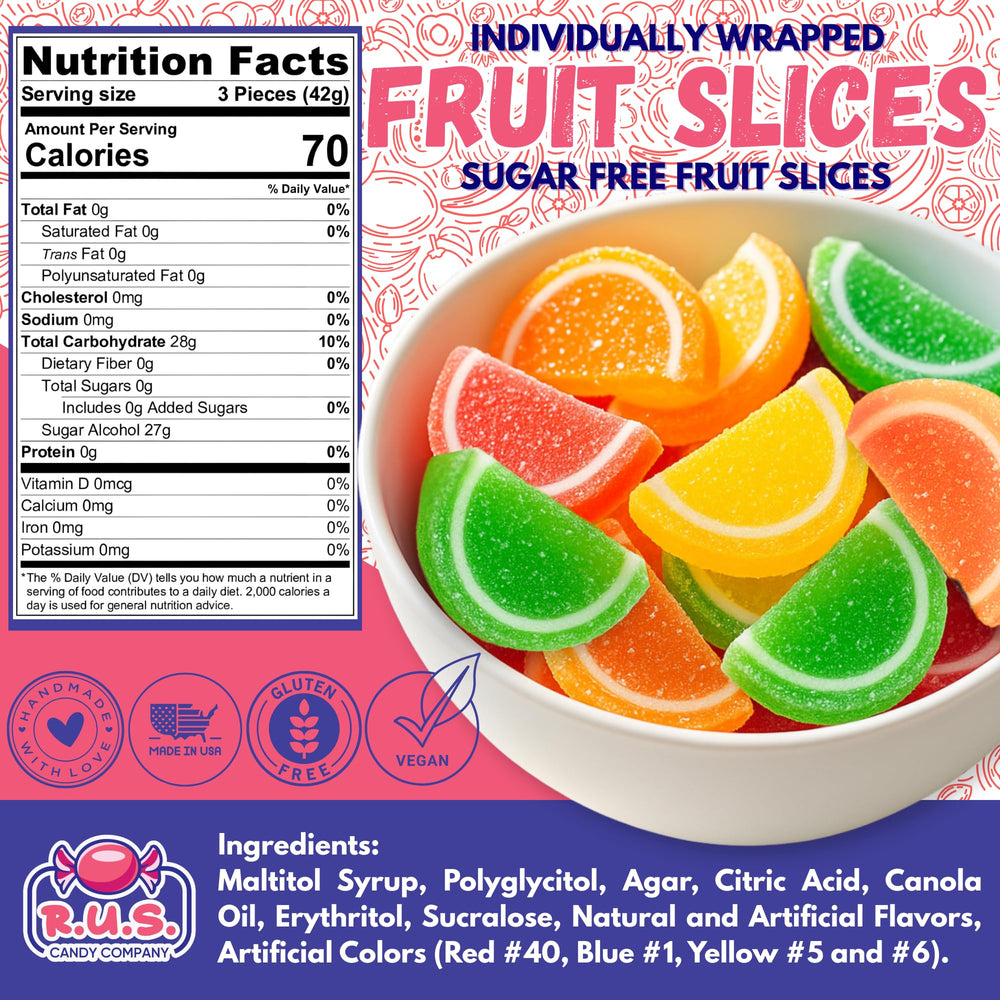 R.U.S. Candy sugar-free fruit slices bag back highlights ingredients and sugar-free sweetness