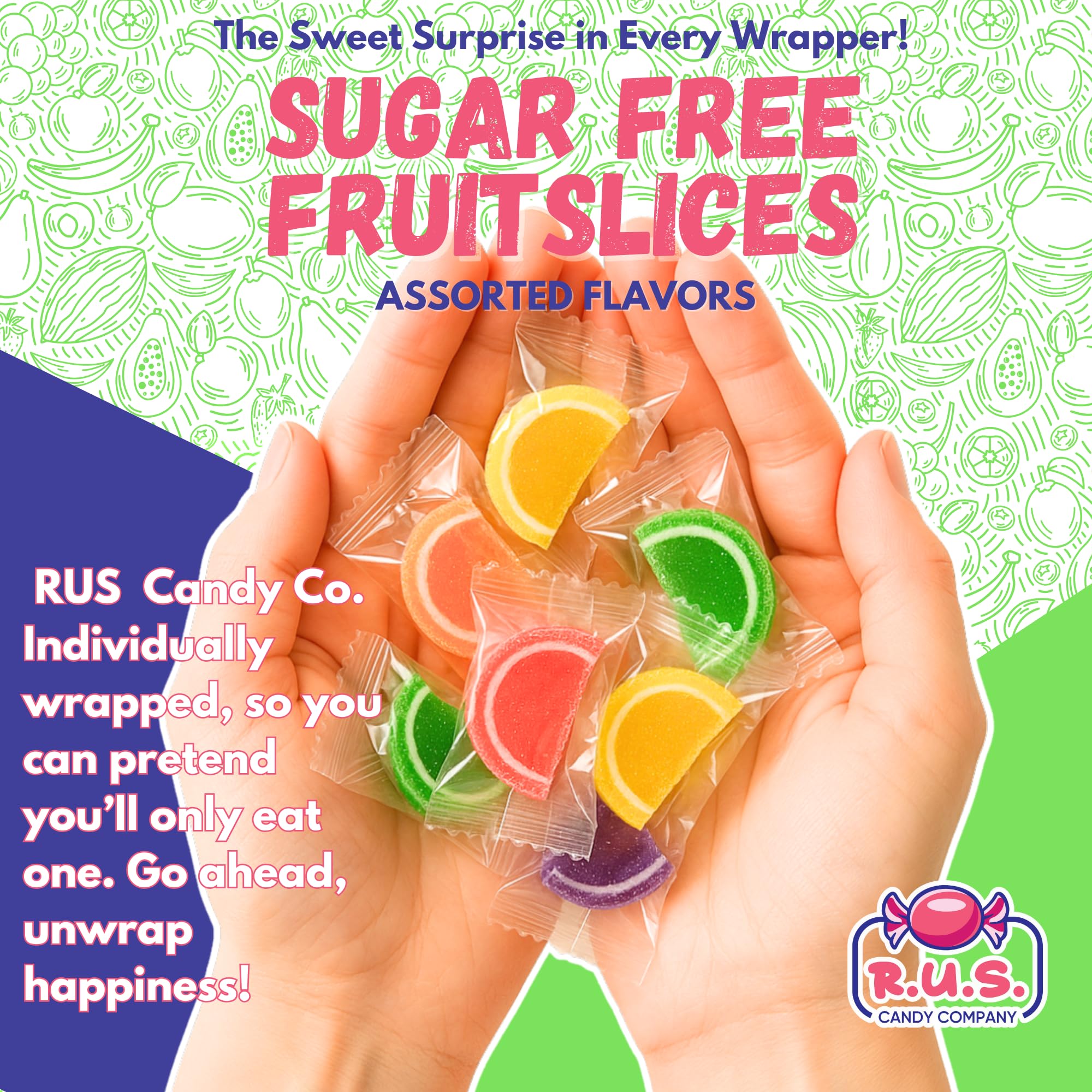 R.U.S. Candy sugar-free fruit slices bright colors in a candy bowl