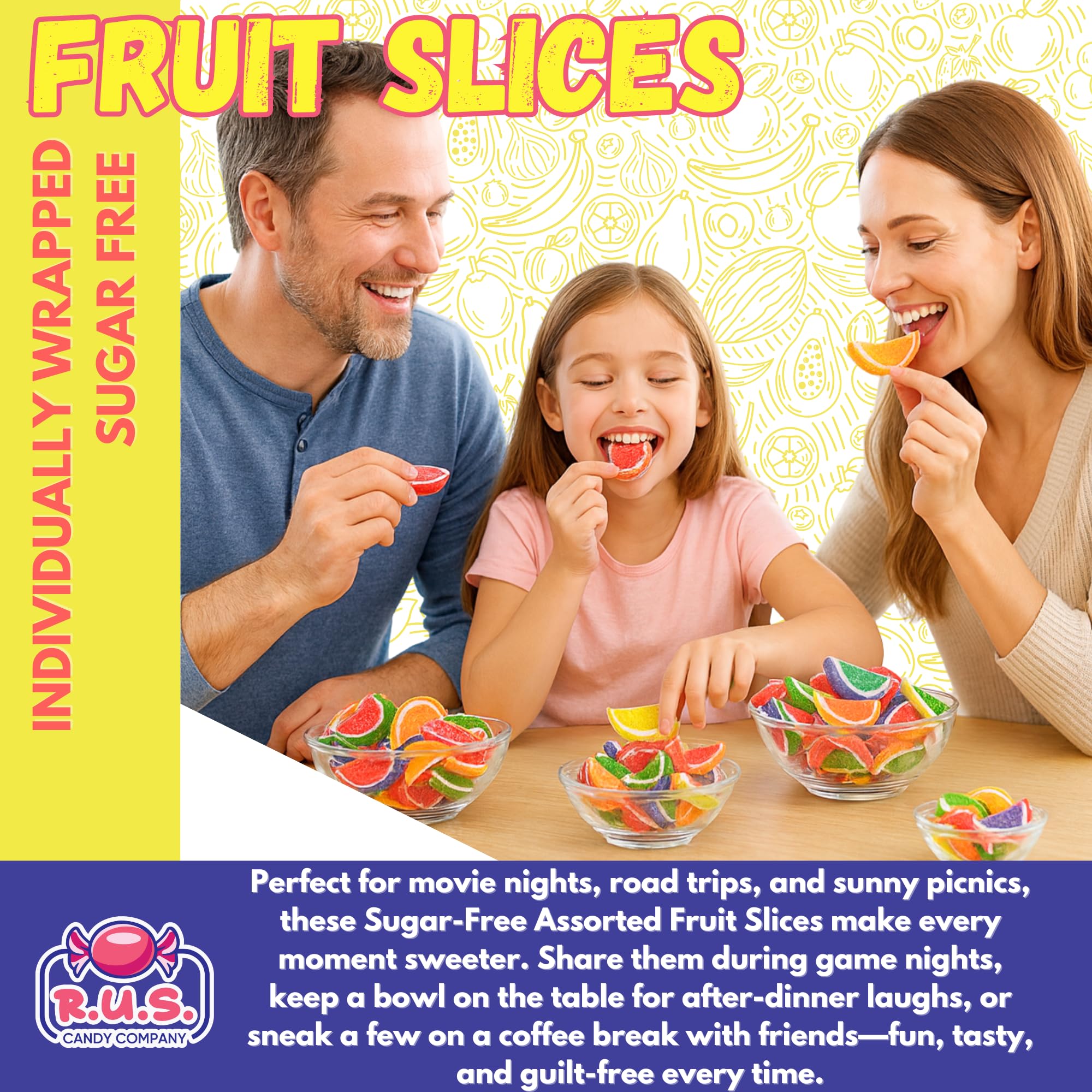 R.U.S. Candy sugar-free fruit slices close-up exposes chewy jelly texture