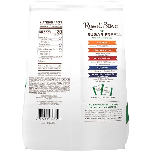 RUSSELL STOVER caramel chocolate piece with chewy center, sugar-free indulgence
