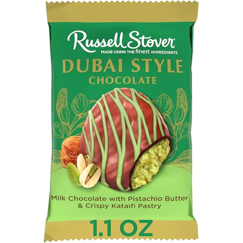 Close-up cross-section of Russell Stover Dubai Style Pistachio & Kataifi bar showing texture