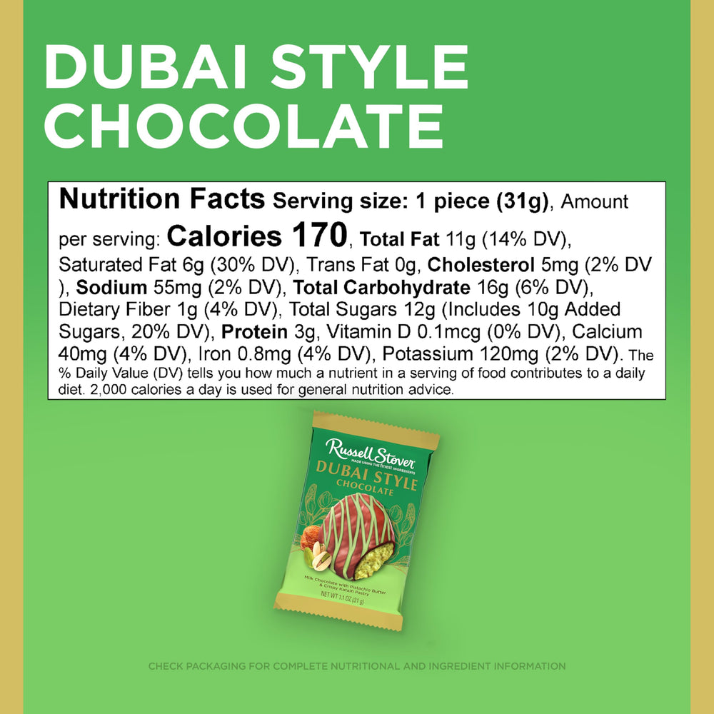 Foil-wrapped Russell Stover Dubai Style Pistachio & Kataifi bar preserves freshness