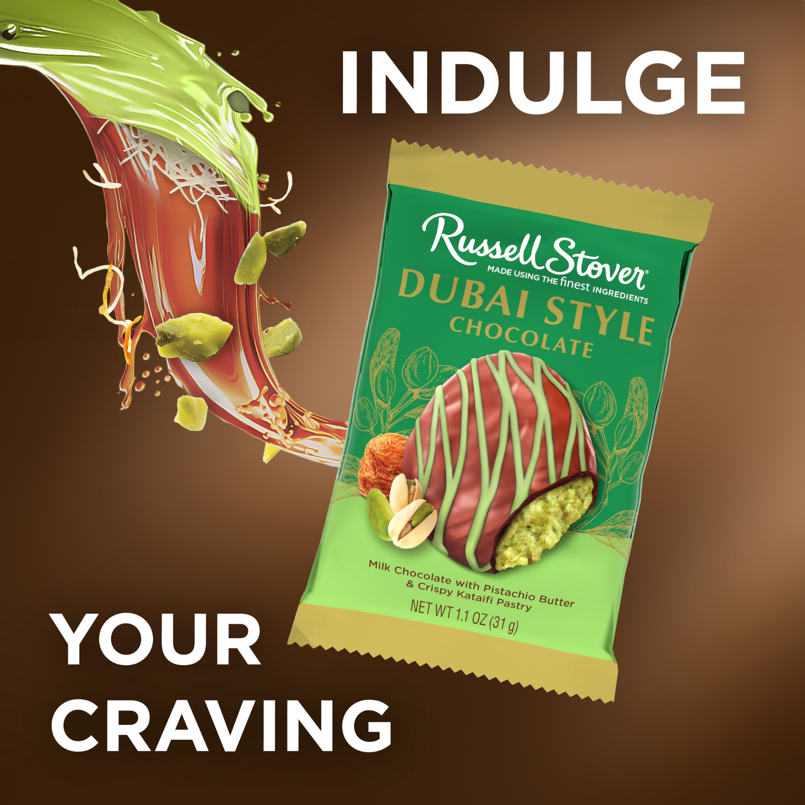 Brand heritage visible on packaging of Russell Stover Dubai Style Pistachio & Kataifi bar