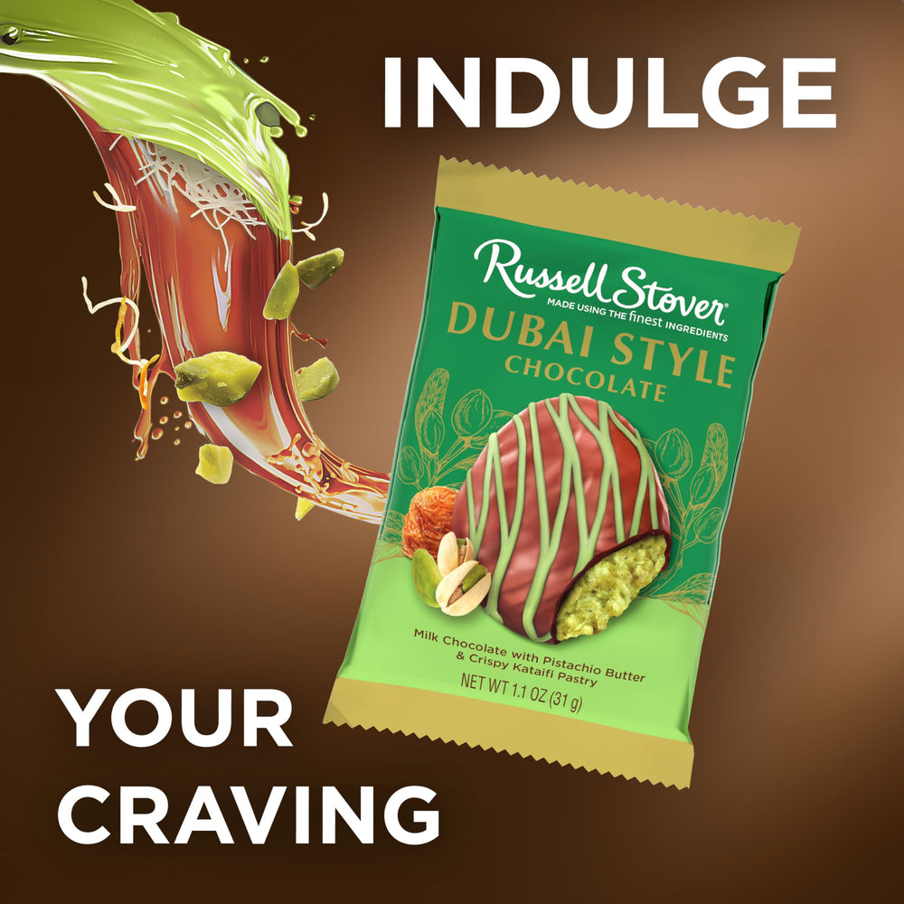 Brand heritage visible on packaging of Russell Stover Dubai Style Pistachio & Kataifi bar
