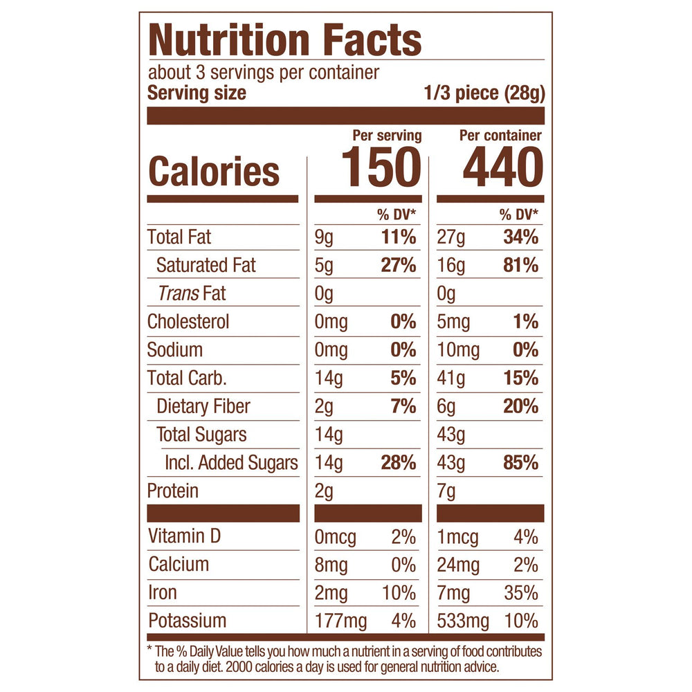 Label shows ingredients and chocolate quality for Russell Stover.