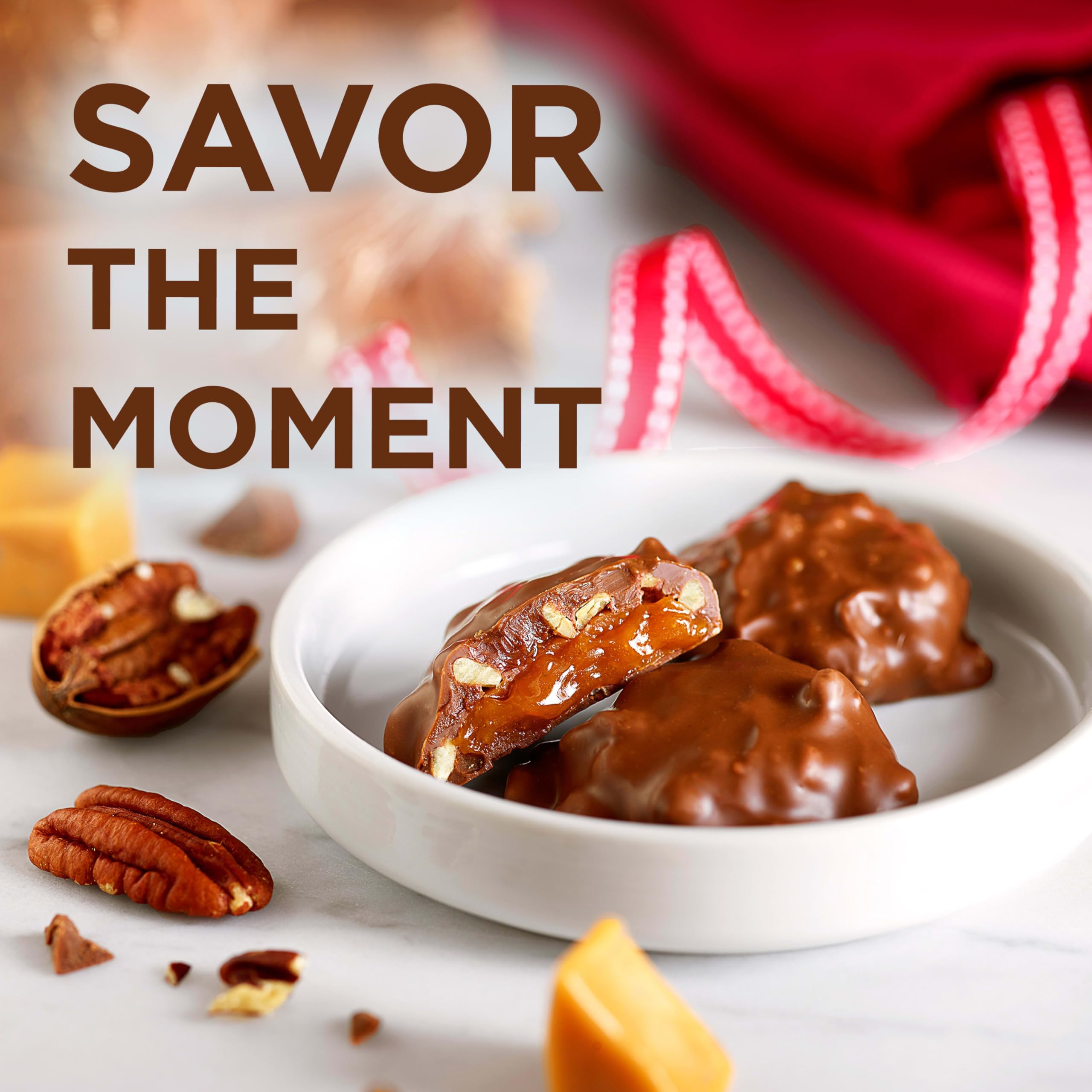 Serving dish with Russell Stover Milk Chocolate Pecan Delights, great for sharing