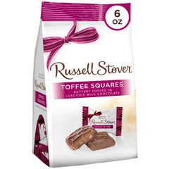 Russell Stover milk chocolate toffee squares peg bag packaging highlights convenient sharing.
