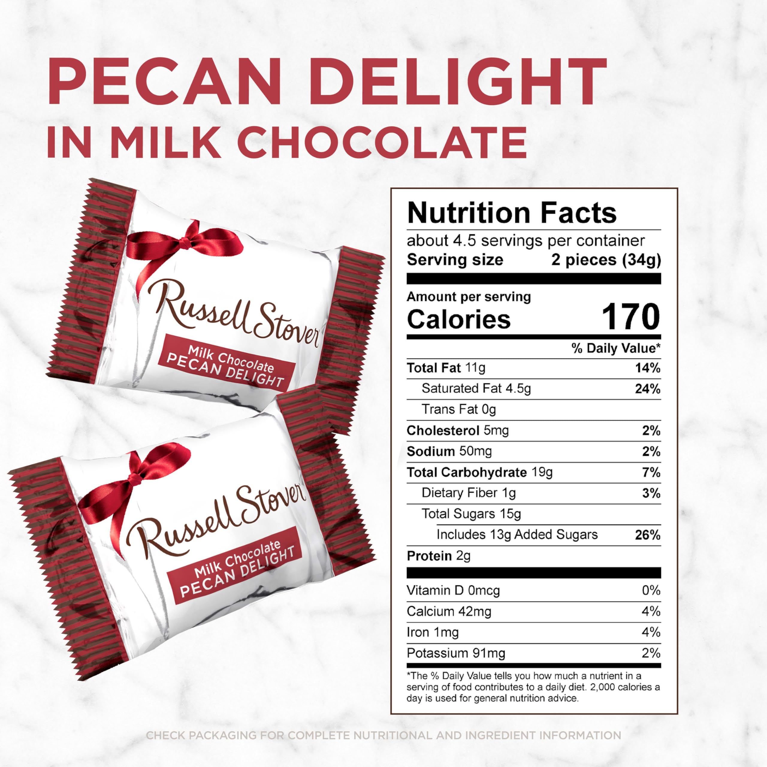 Close-up of Russell Stover Milk Chocolate Pecan Delight, milk chocolate and silky caramel texture