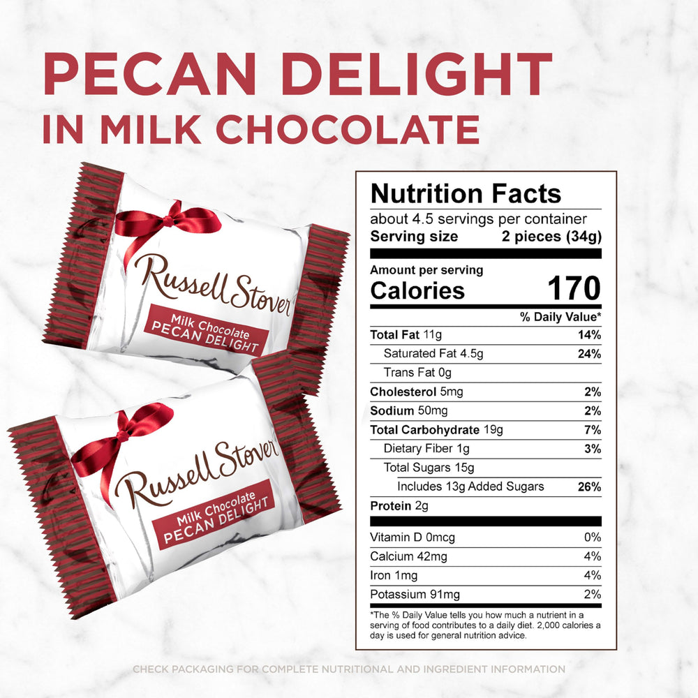 Close-up of Russell Stover Milk Chocolate Pecan Delight, milk chocolate and silky caramel texture