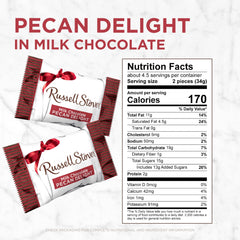 Close-up of Russell Stover Milk Chocolate Pecan Delight, milk chocolate and silky caramel texture