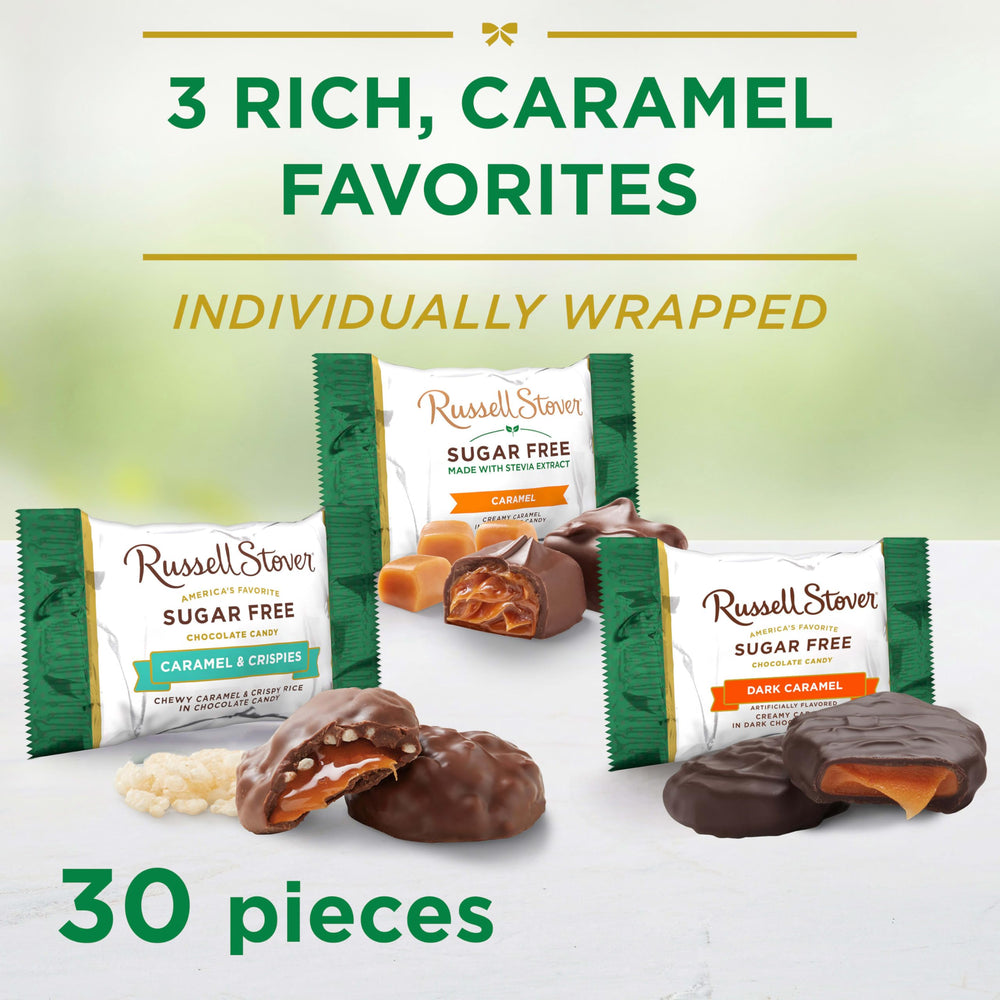 Bag front view of RUSSELL STOVER sugar-free assorted caramels ideal for gifting or sharing