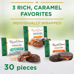 Bag front view of RUSSELL STOVER sugar-free assorted caramels ideal for gifting or sharing