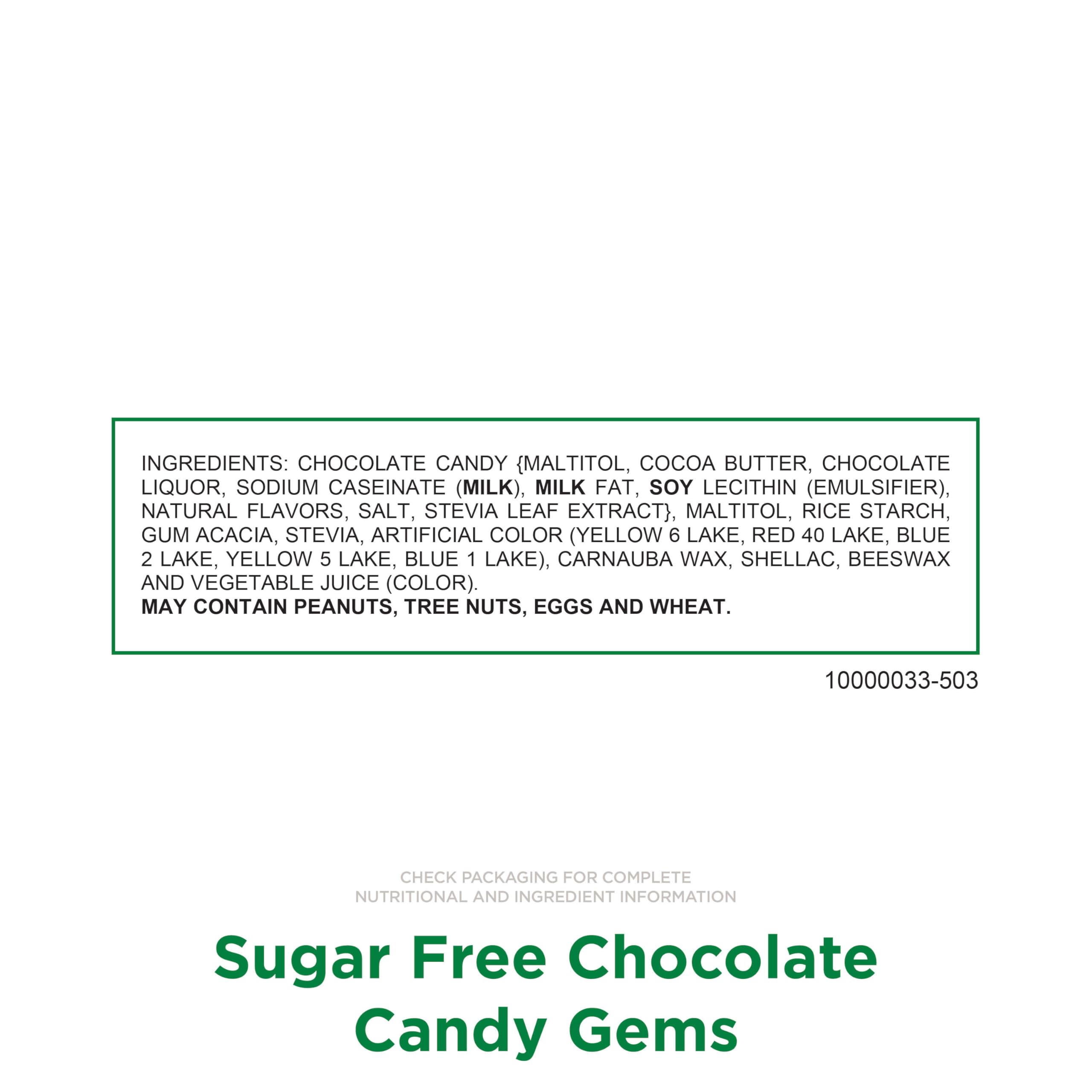 Inside view shows bite-sized Russell Stover Sugar Free Candy Gems in a resealable pouch.