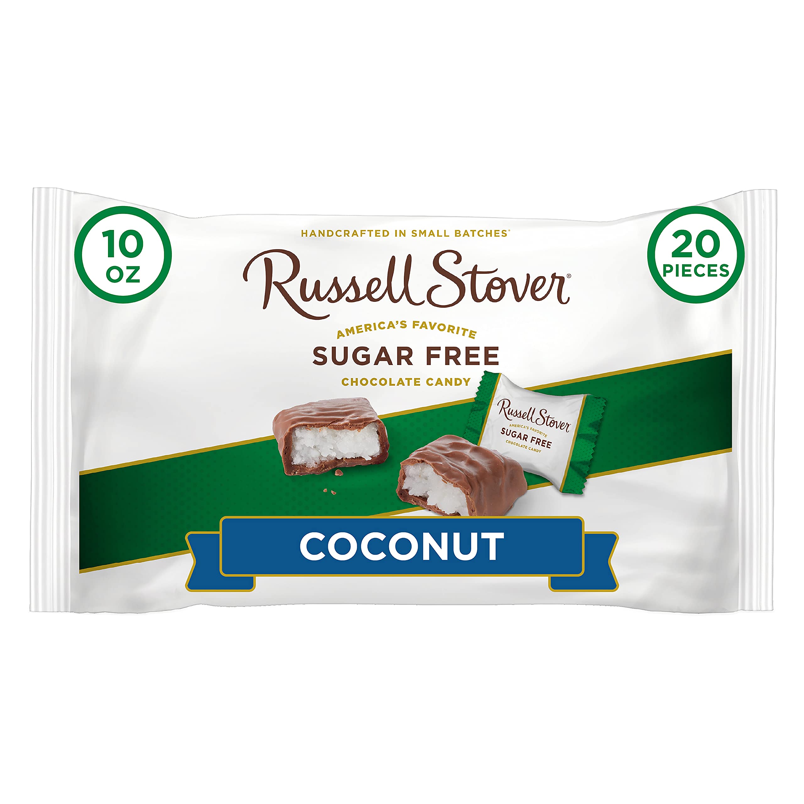 Russell Stover Sugar-Free Coconut bag showing individually wrapped chocolates for convenient snacking