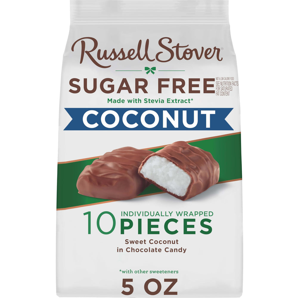 Russell Stover sugar free coconut in chocolate bag shown for convenient on-the-go snacking