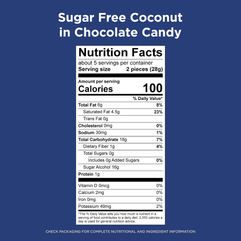 Individually wrapped Russell Stover sugar free coconut chocolate piece for sharing