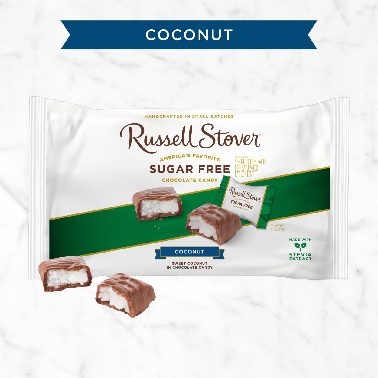 Glossy chocolate shell surrounding creamy coconut centers for a premium feel