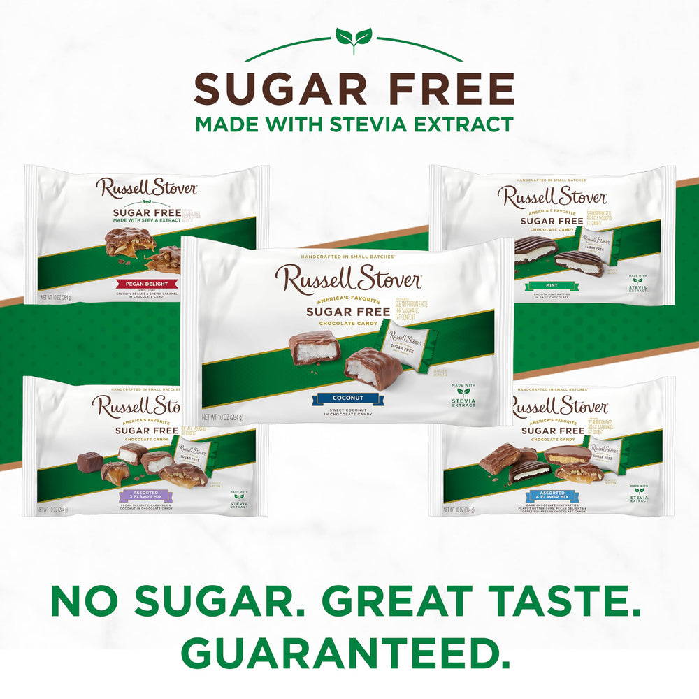 Display of Russell Stover coconut sugar-free chocolates ready for gifting