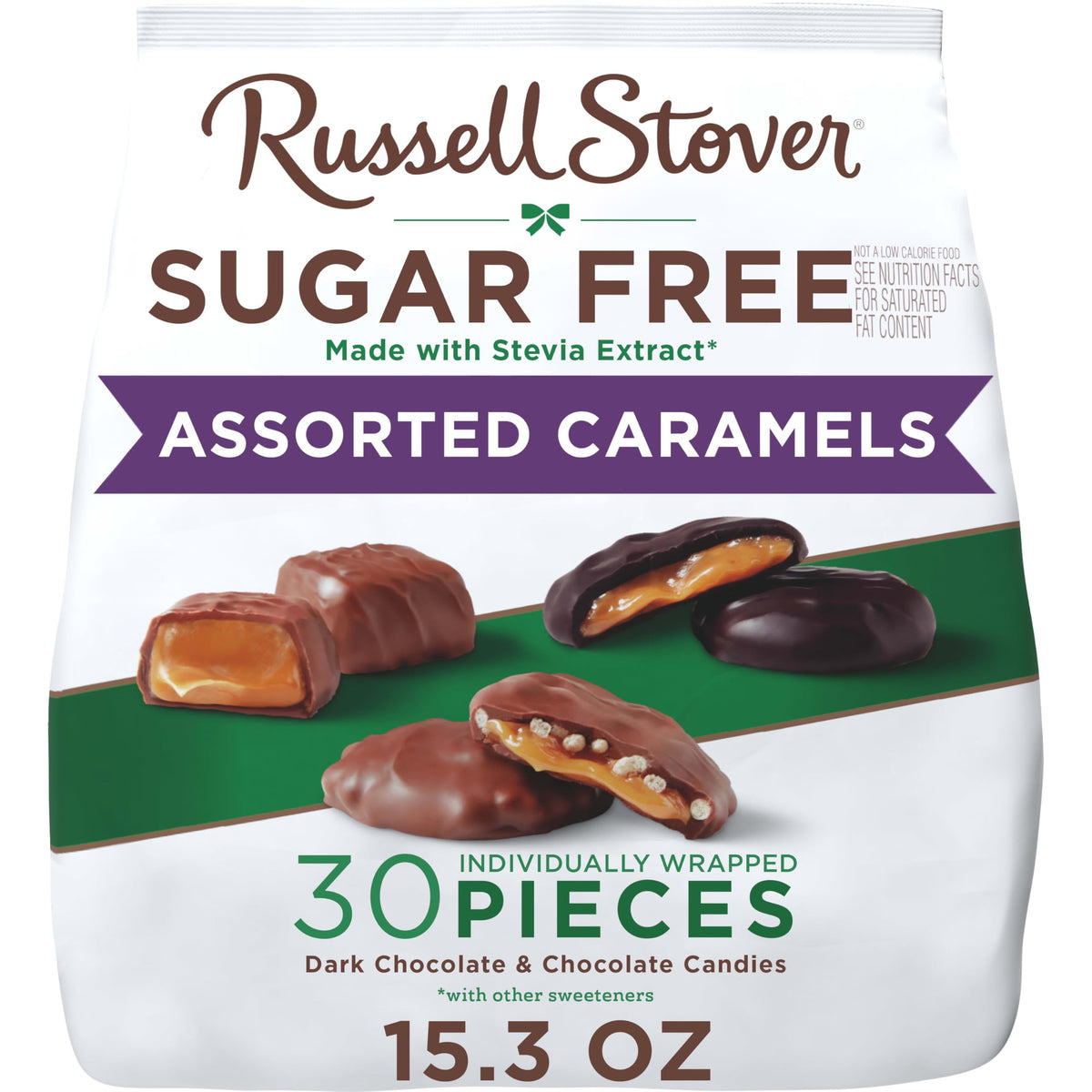 RUSSELL STOVER sugar-free dark chocolate caramels for on-the-go indulgence