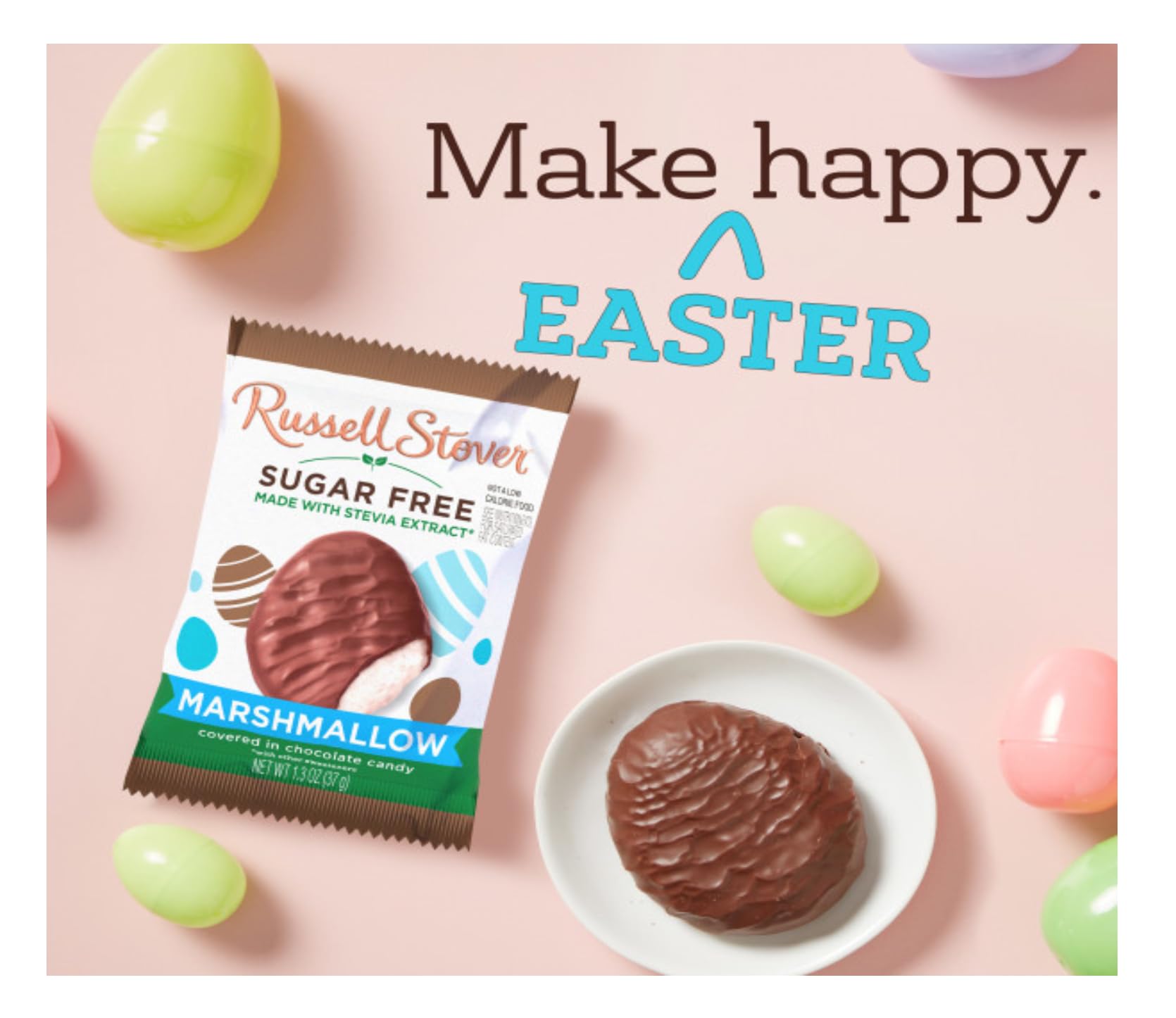 Easter basket display featuring Russell Stover Sugar Free Marshmallow Eggs.