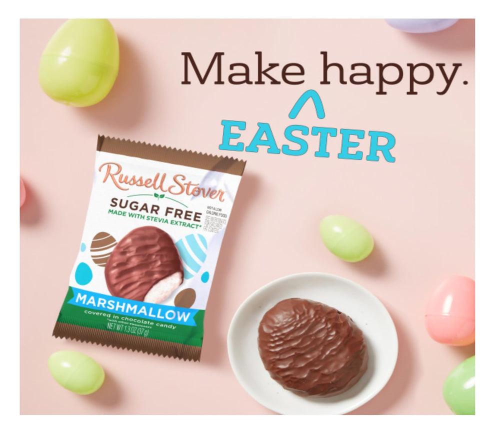 Easter basket display featuring Russell Stover Sugar Free Marshmallow Eggs.