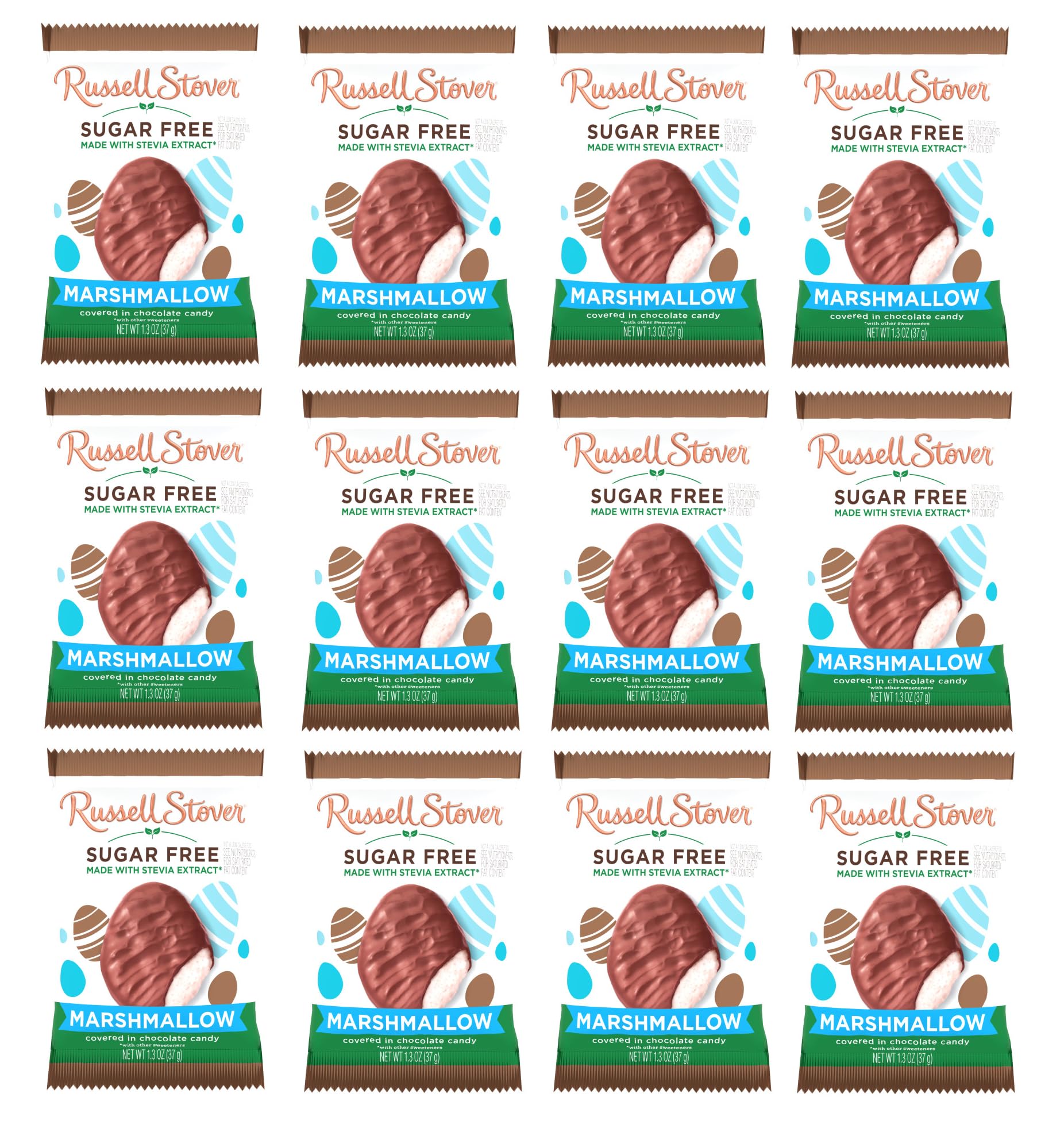 Russell Stover Sugar Free Marshmallow Eggs pack in Easter packaging, ideal for sugar-free gifting.