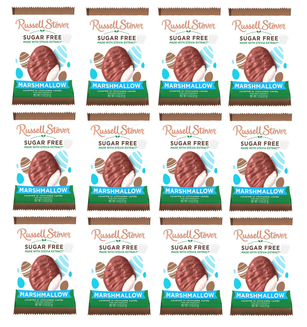 Russell Stover Sugar Free Marshmallow Eggs pack in Easter packaging, ideal for sugar-free gifting.