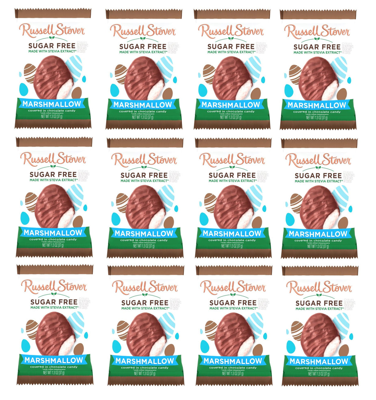 Russell Stover Sugar Free Marshmallow Eggs pack in Easter packaging, ideal for sugar-free gifting.