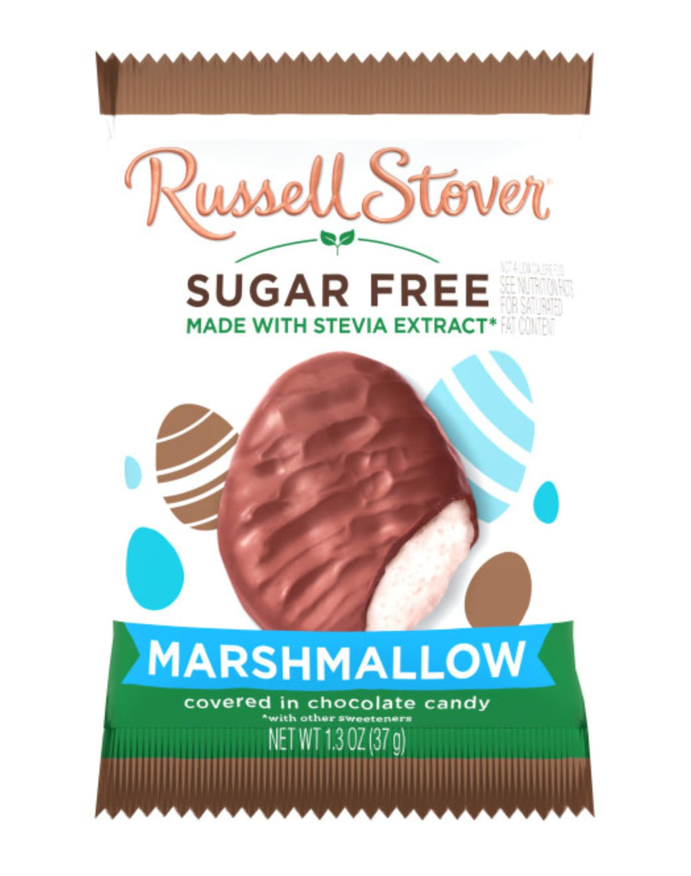 Russell Stover Sugar Free Marshmallow Eggs shell close-up, texture contrast.