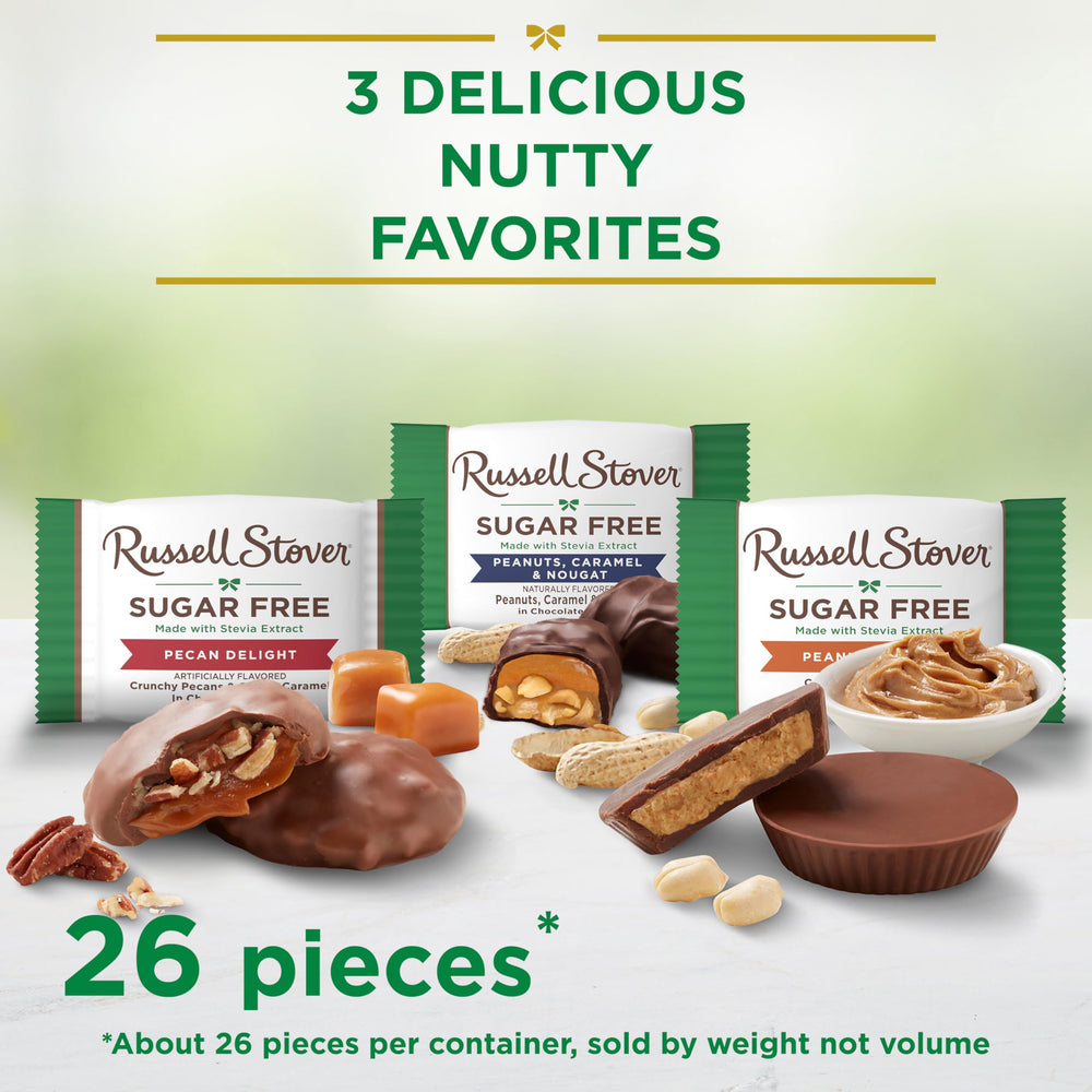 Russell Stover Sugar Free Peanuts, Caramel & Nougat featuring chewy nougat and peanuts.