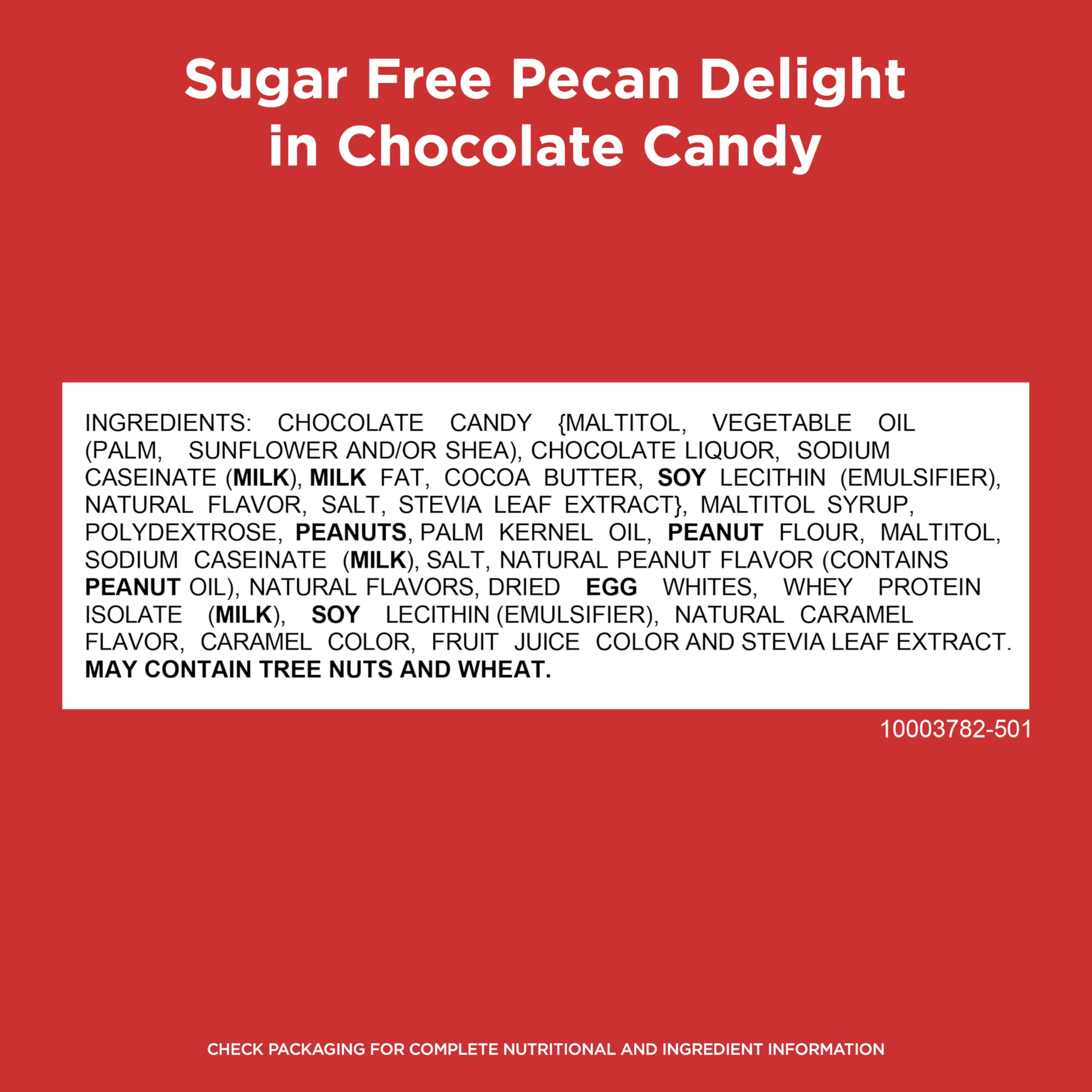 Russell Stover Sugar Free Pecan Delights caramel centers with chocolate coating, smooth and satisfying