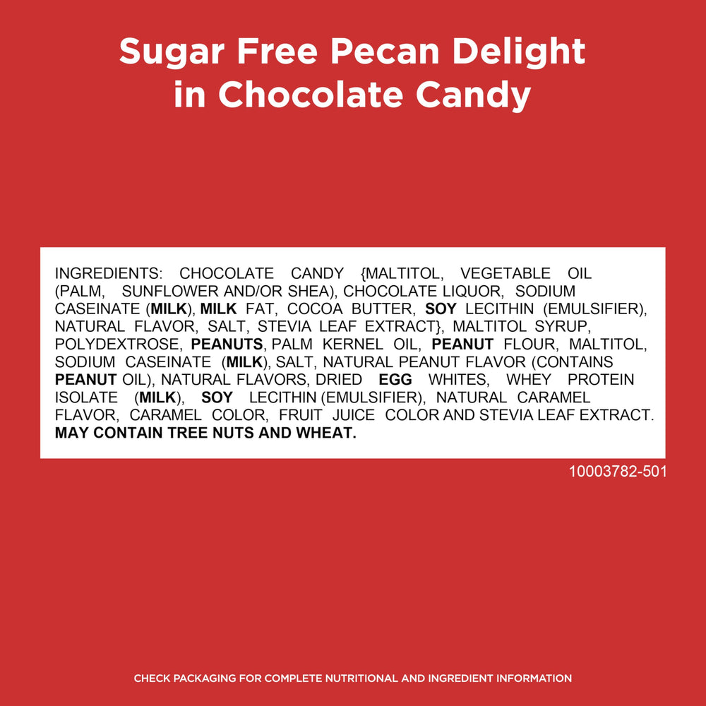 Russell Stover Sugar Free Pecan Delights caramel centers with chocolate coating, smooth and satisfying