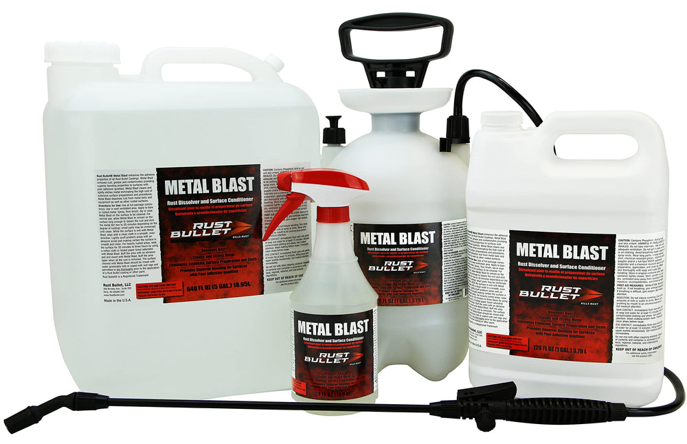 RUST BULLET Metal Blast spray action applying cleaner to rusted metal
