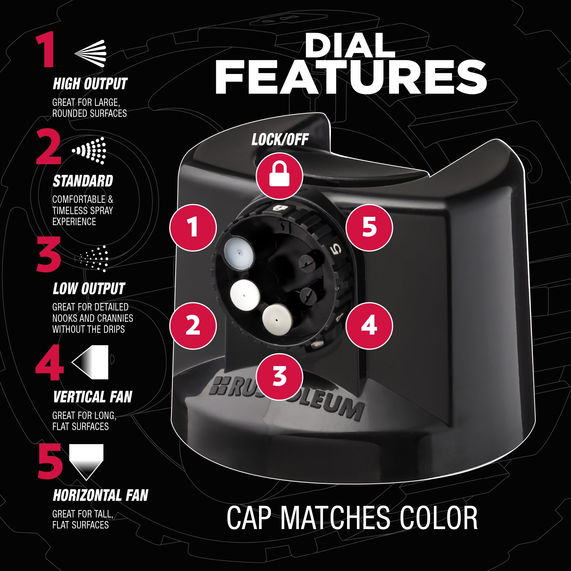 Rust-Oleum 2X enamel horizontal fan spray delivers even coverage.