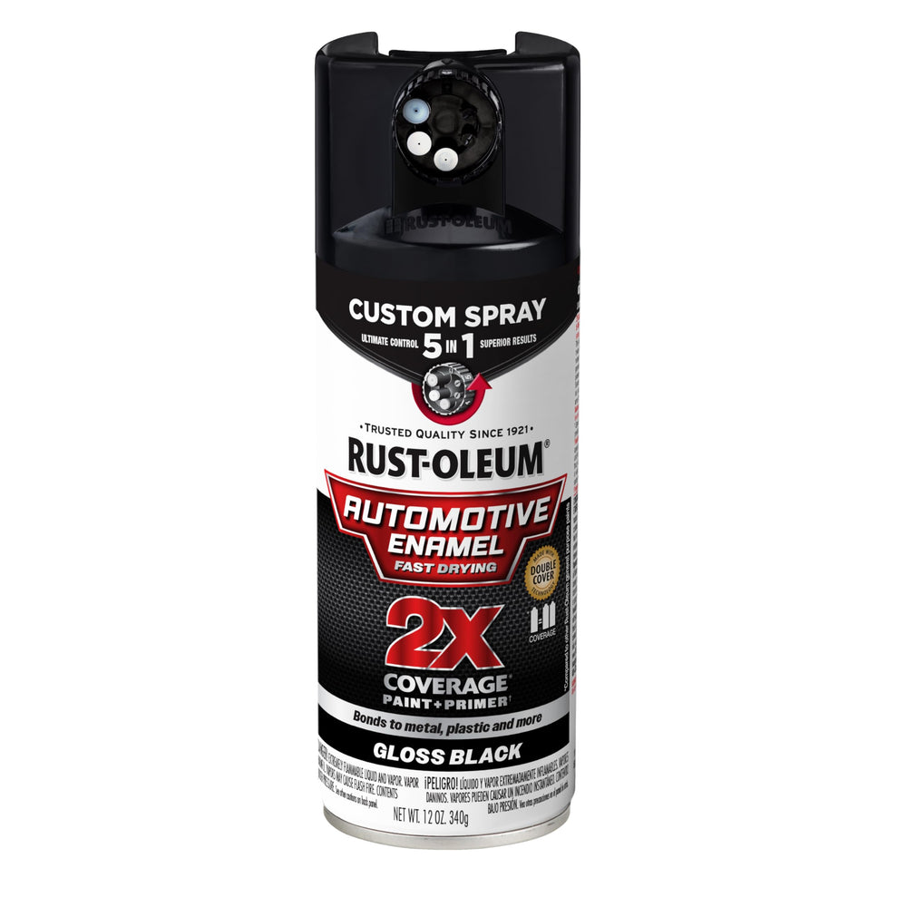 Rust-Oleum 2X Automotive Enamel gloss black spray can, angled shot showing durable metal finish.