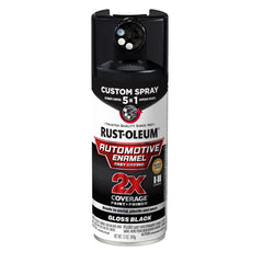 Rust-Oleum 2X Automotive Enamel gloss black spray can, angled shot showing durable metal finish.