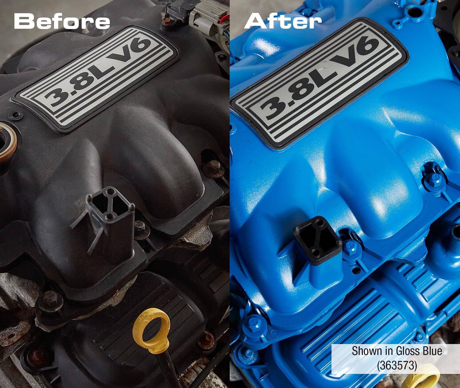 Engine bracket coated with Rust-Oleum Engine Enamel gloss black finish.