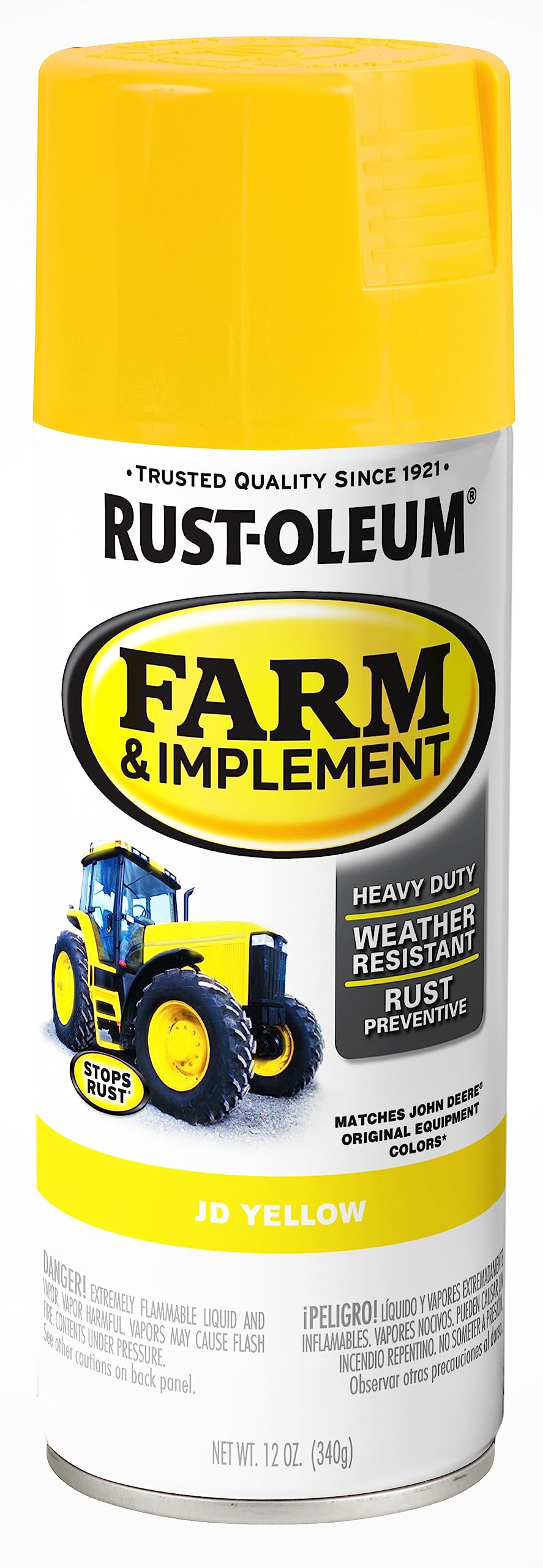 Rust-Oleum Farm & Implement JD Yellow on a tractor for durable, color-matched protection.