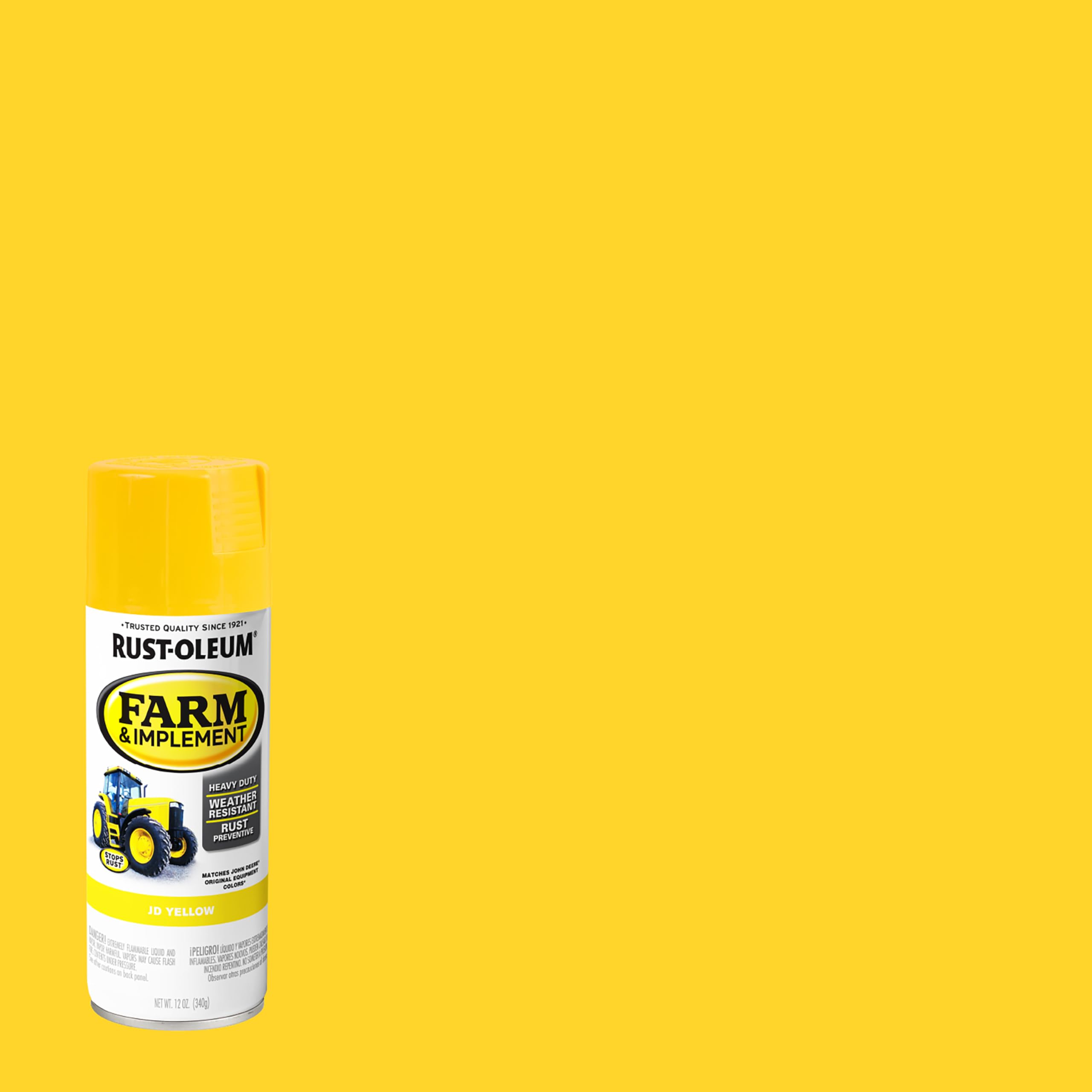 Rust-Oleum JD Yellow spray on a trailer provides rust prevention and weather resistance.