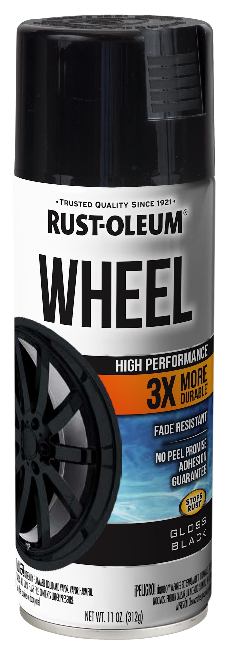 Rust-Oleum High Performance Wheel Paint gloss black can front shows durable wheel finish