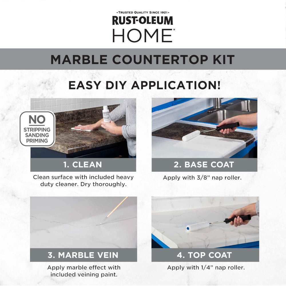 Rust-Oleum Home Marble Countertop Kit covers up to 75-100 sq ft per kit.