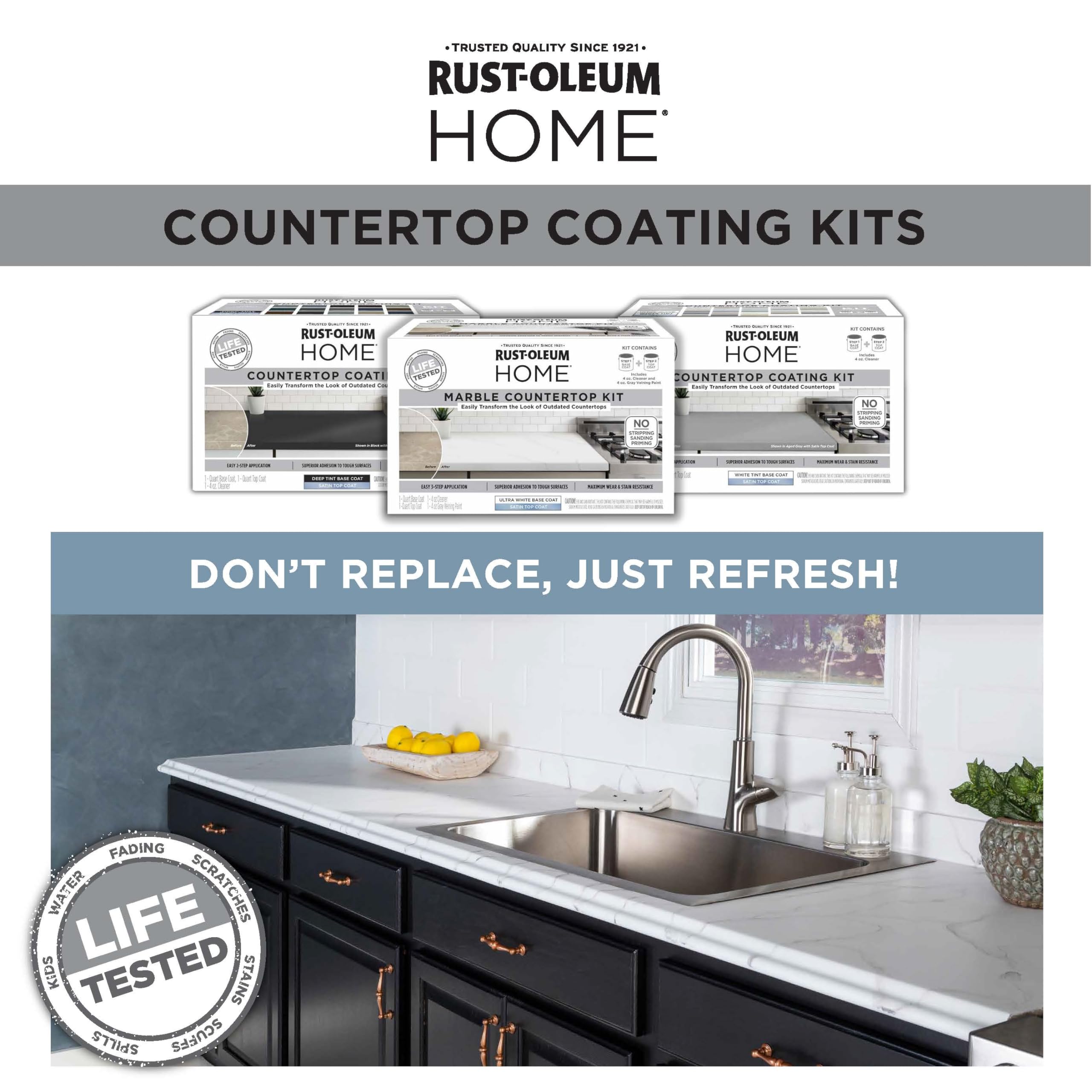 Rust-Oleum Home Marble Countertop Kit life-tested protection supports long-lasting wear.