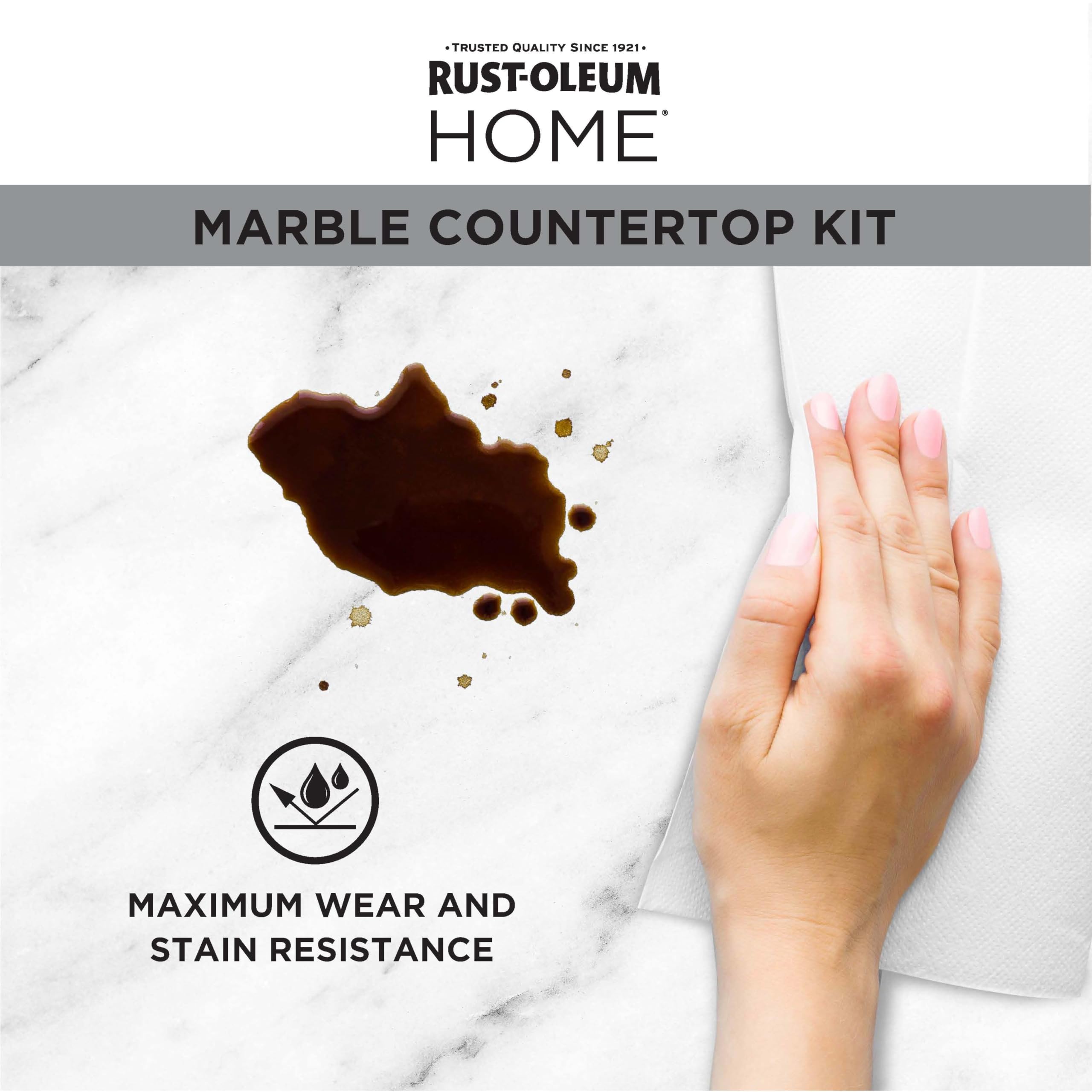 Rust-Oleum Home Marble Countertop Kit satin top coat seals for durability.