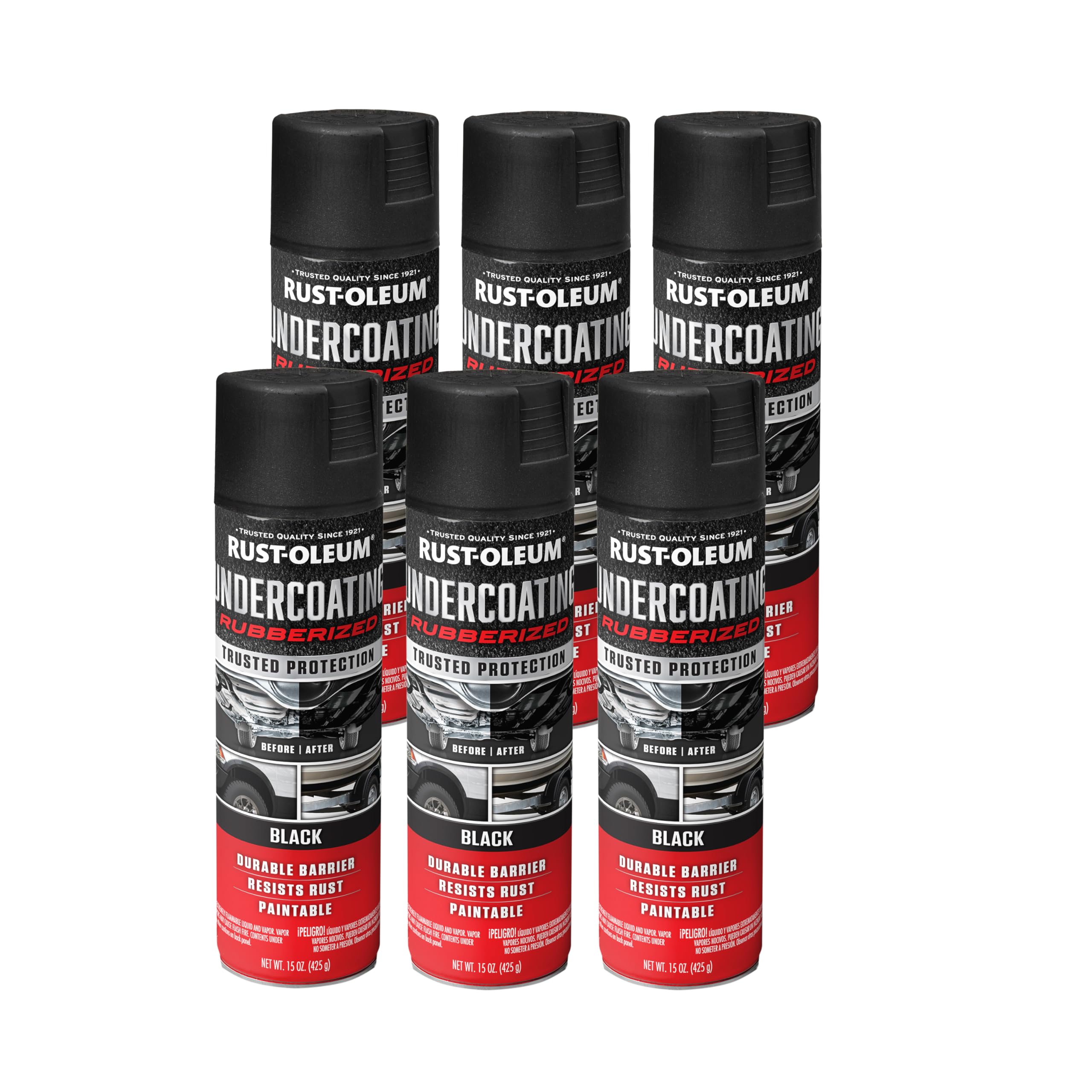 Rust-Oleum rubberized undercoating spray can for durable underbody protection.