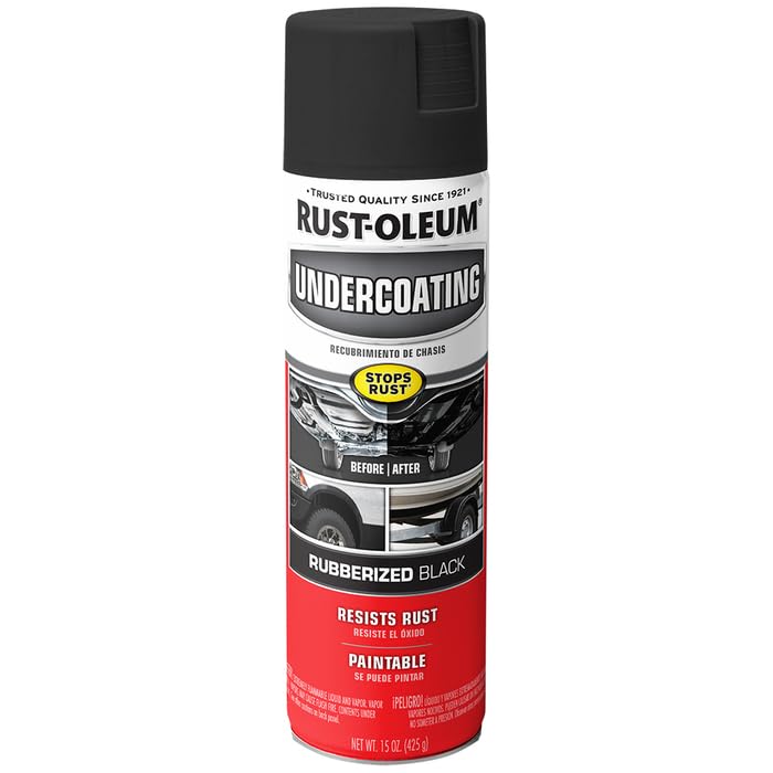 Primed metal surface coated with Rust-Oleum rubberized undercoating.