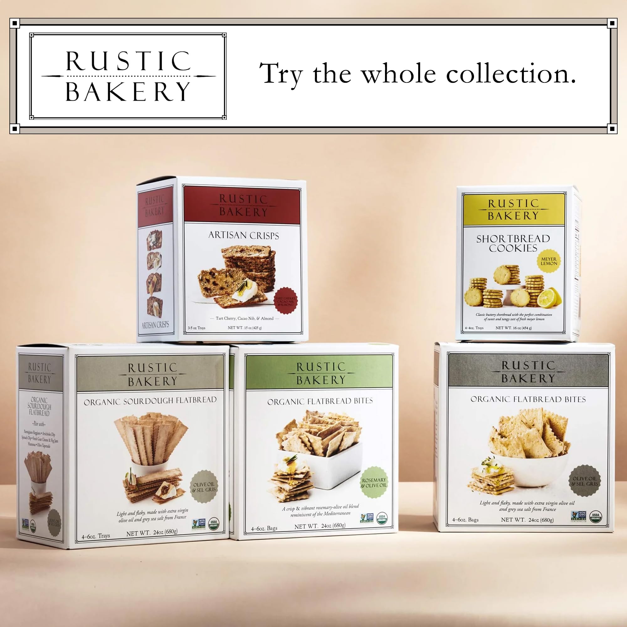 Rustic Bakery organic ingredients highlighted in a bakery scene for flatbread crackers