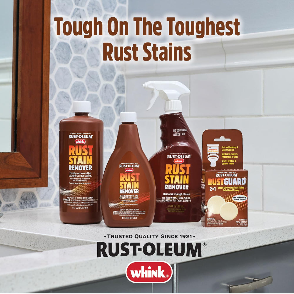 Colored toilet usage with RustGuard avoiding dyes while cleaning.